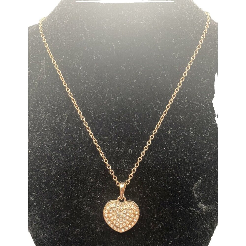 Pave Rhinestone Heart Necklace Pendant Gold Tone  Reversible Cable Chain 17 + 3"